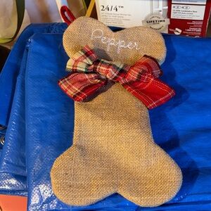 Plaid Bow Burlap Dog Bone Stocking - Embroidered monogram “Pepper”